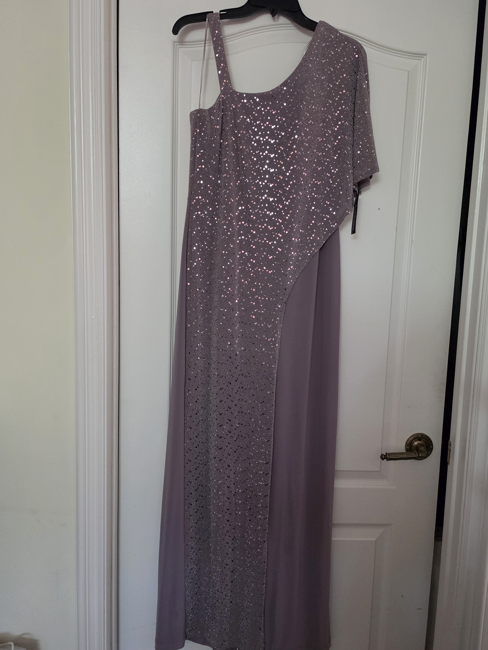 One-Shoulder Lavender Evening Gown with Sparkle Overlay
